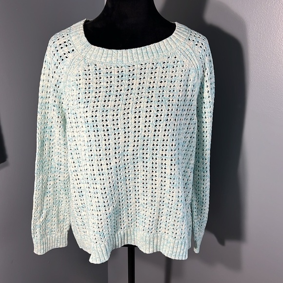 Talbots Women’s Open Knit Weave Chunky Sweater Mint Green White XL NWT Cotton - Picture 2 of 8